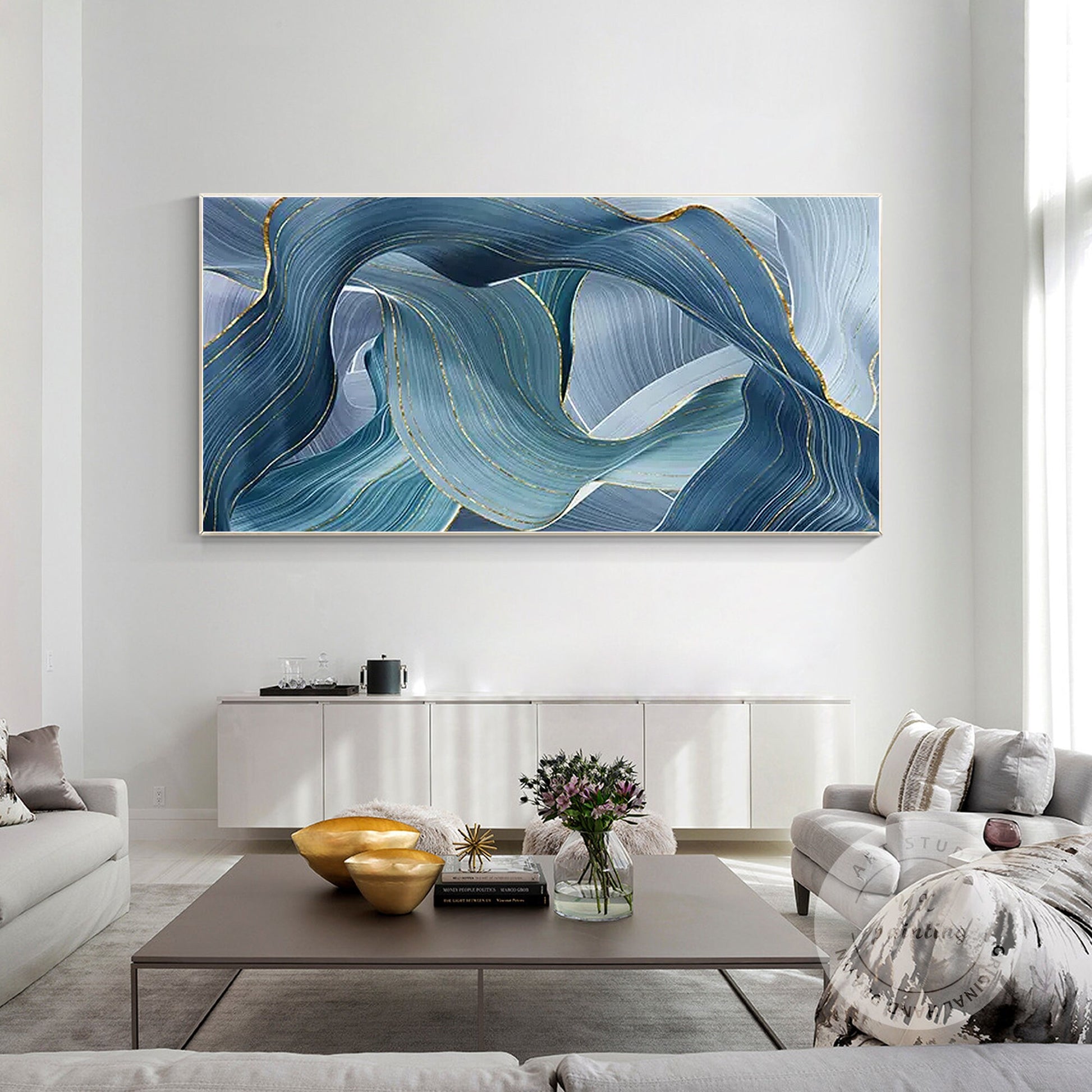Teal Gold Ribbon Painting: Luxury Abstract Framed Wall Art #2