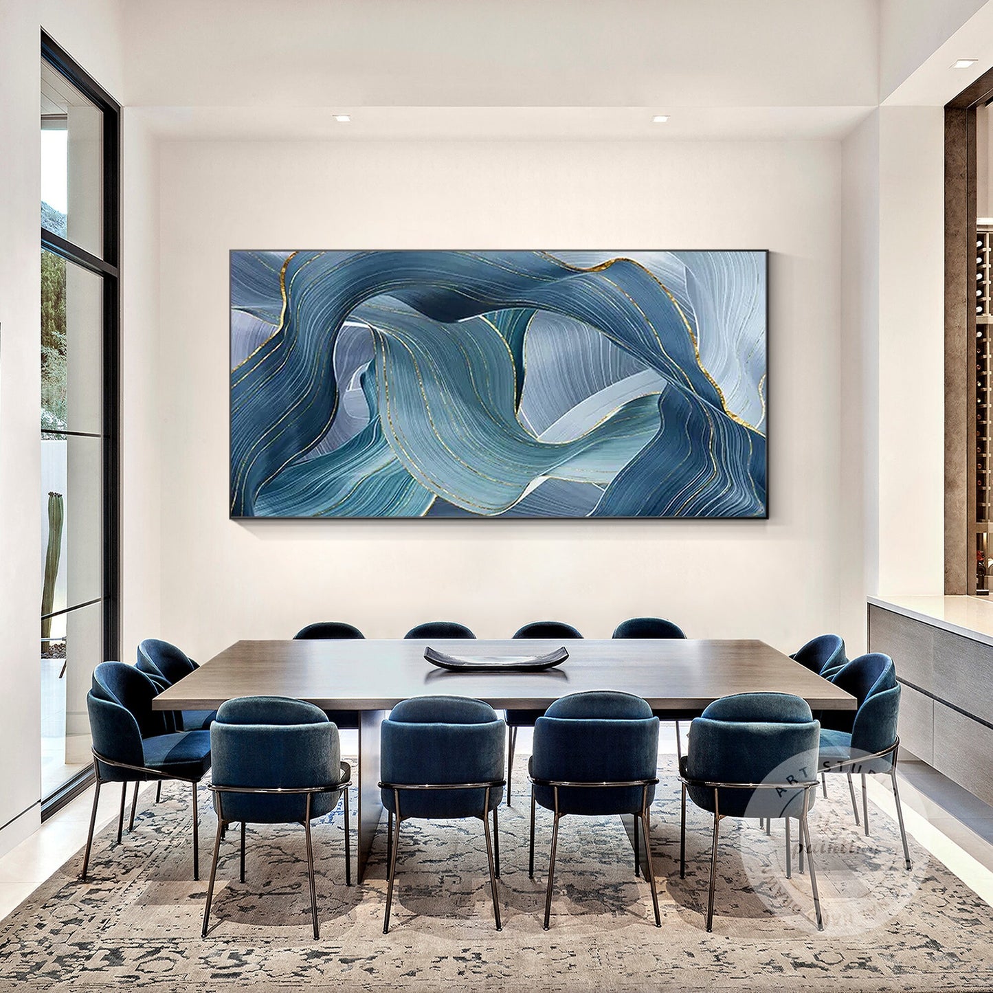 Teal Gold Ribbon Painting: Luxury Abstract Framed Wall Art #3