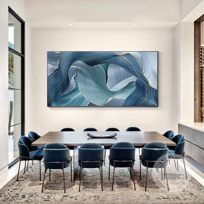 Teal Gold Ribbon Painting: Luxury Abstract Framed Wall Art #3