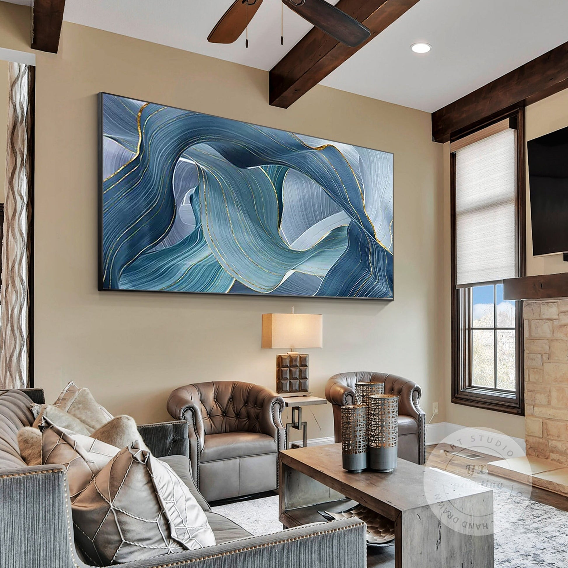 Teal Gold Ribbon Painting: Luxury Abstract Framed Wall Art #4