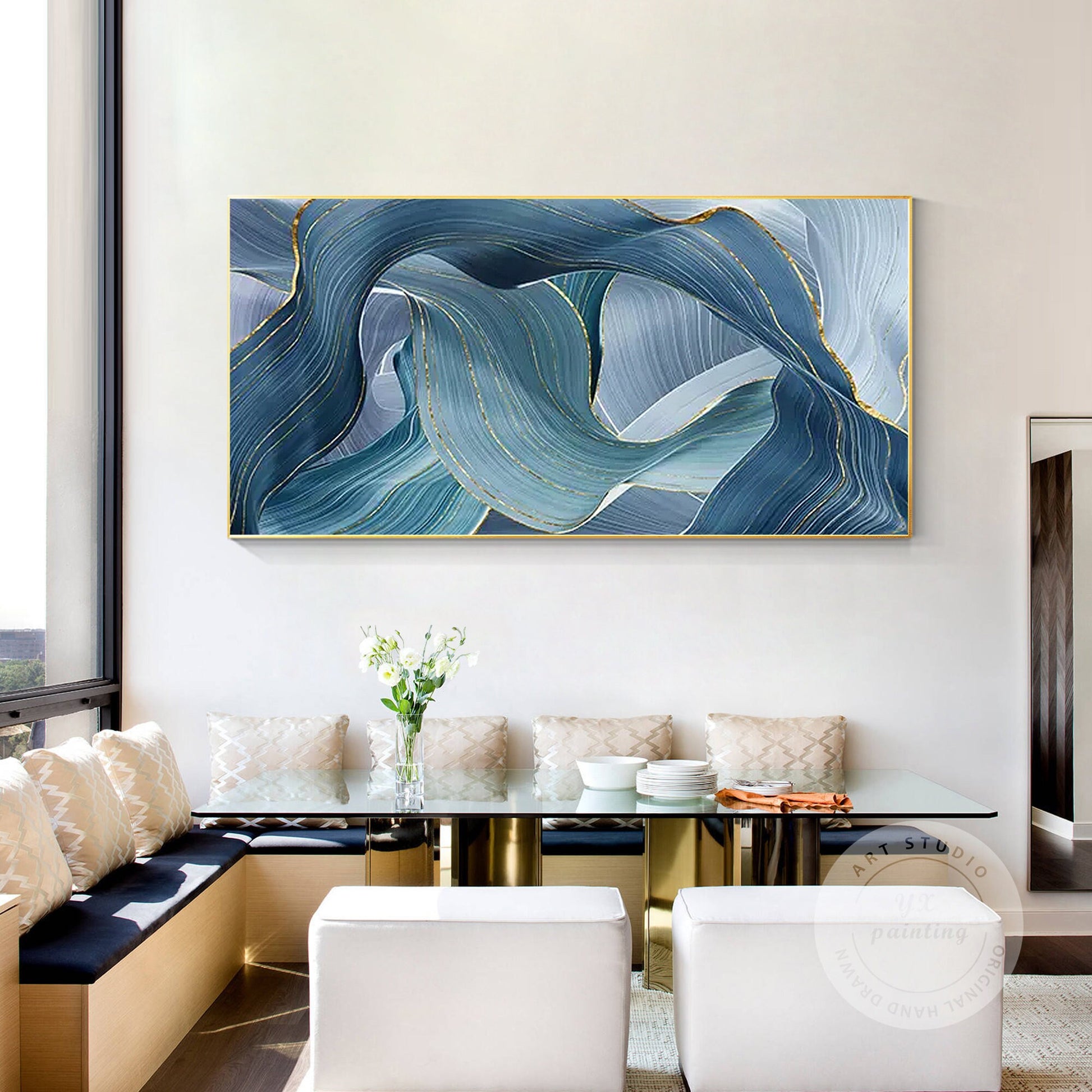 Teal Gold Ribbon Painting: Luxury Abstract Framed Wall Art #5