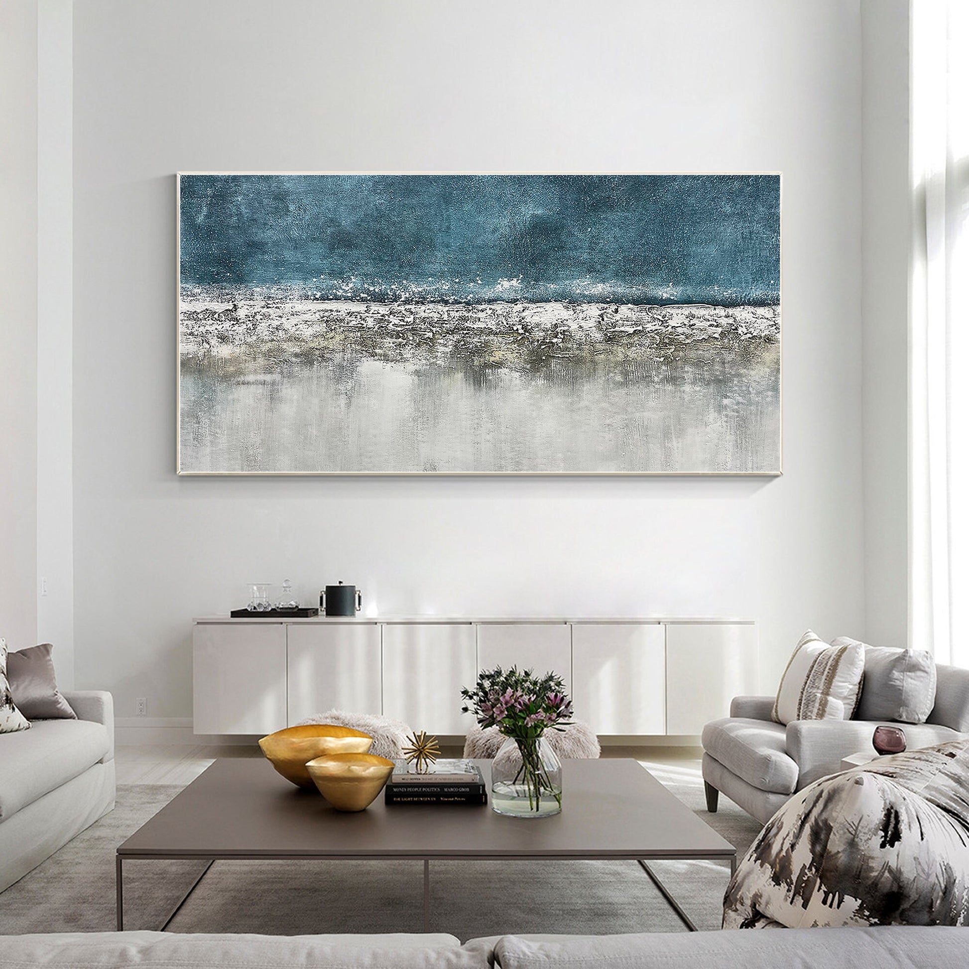 Teal Gray Abstract Painting: Long Horizontal Texture Wall Art #2