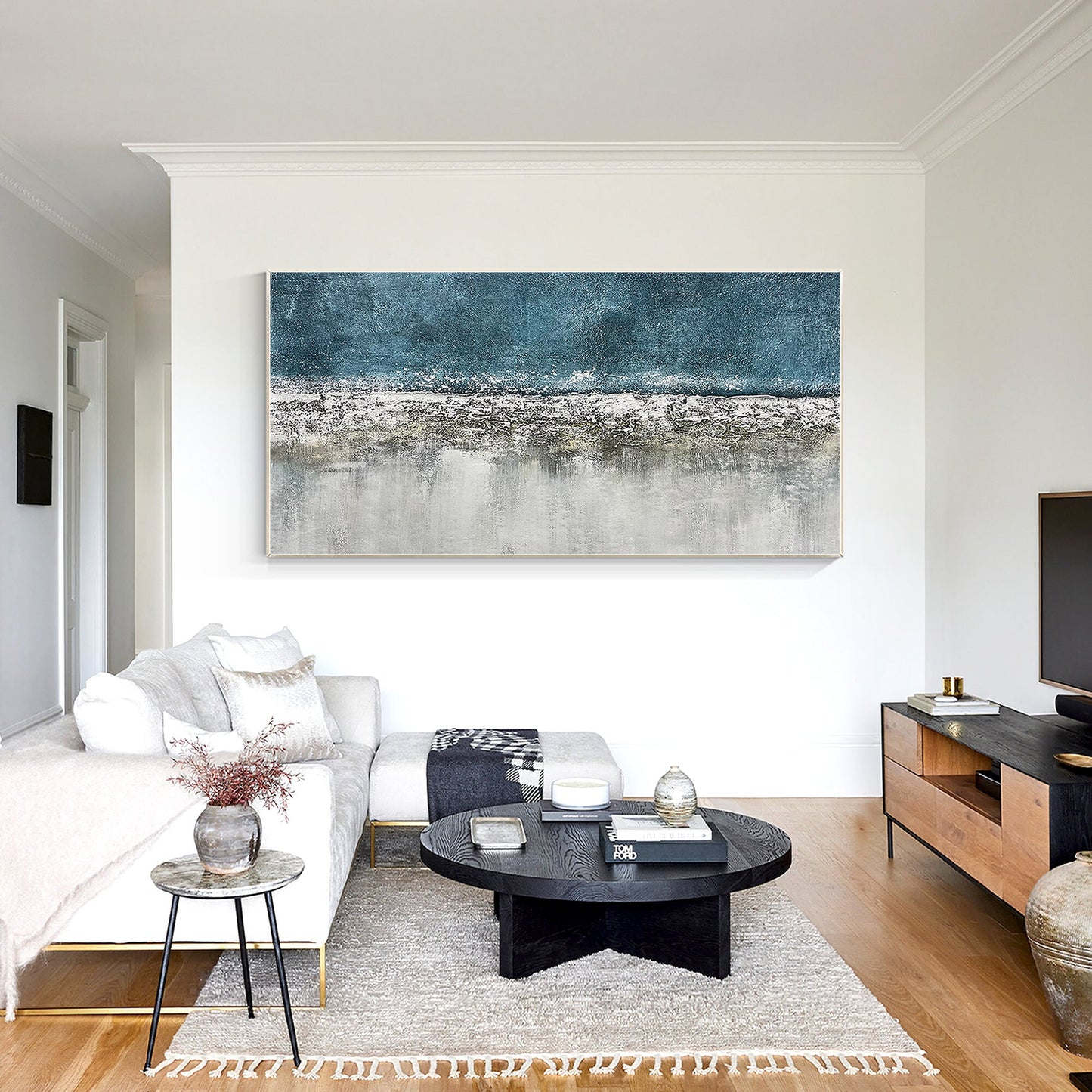 Teal Gray Abstract Painting: Long Horizontal Texture Wall Art #3
