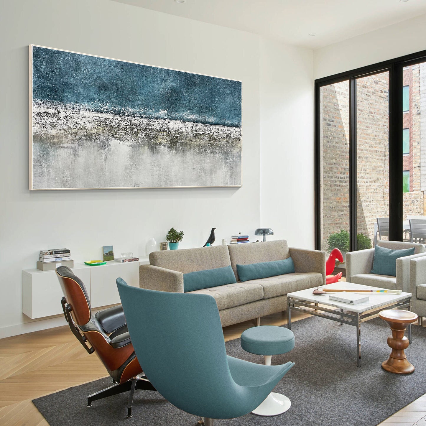 Teal Gray Abstract Painting: Long Horizontal Texture Wall Art #1