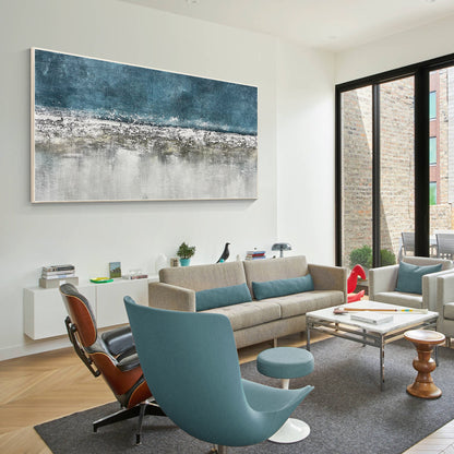 Teal Gray Abstract Painting: Long Horizontal Texture Wall Art #1