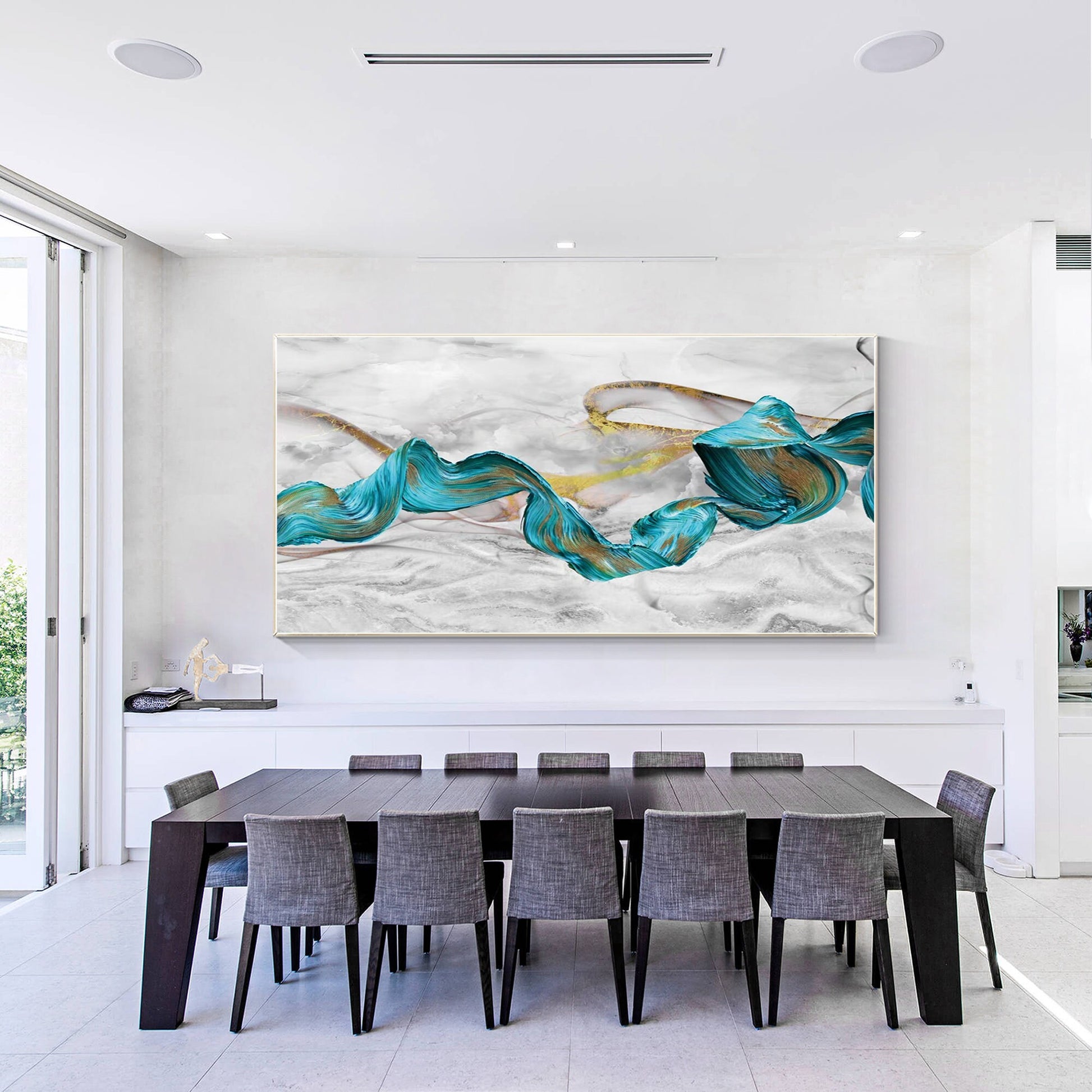 Teal Green Gold Marble Abstract Ribbon Framed Canvas Painting #2