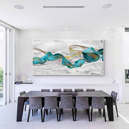 Teal Green Gold Marble Abstract Ribbon Framed Canvas Painting #2