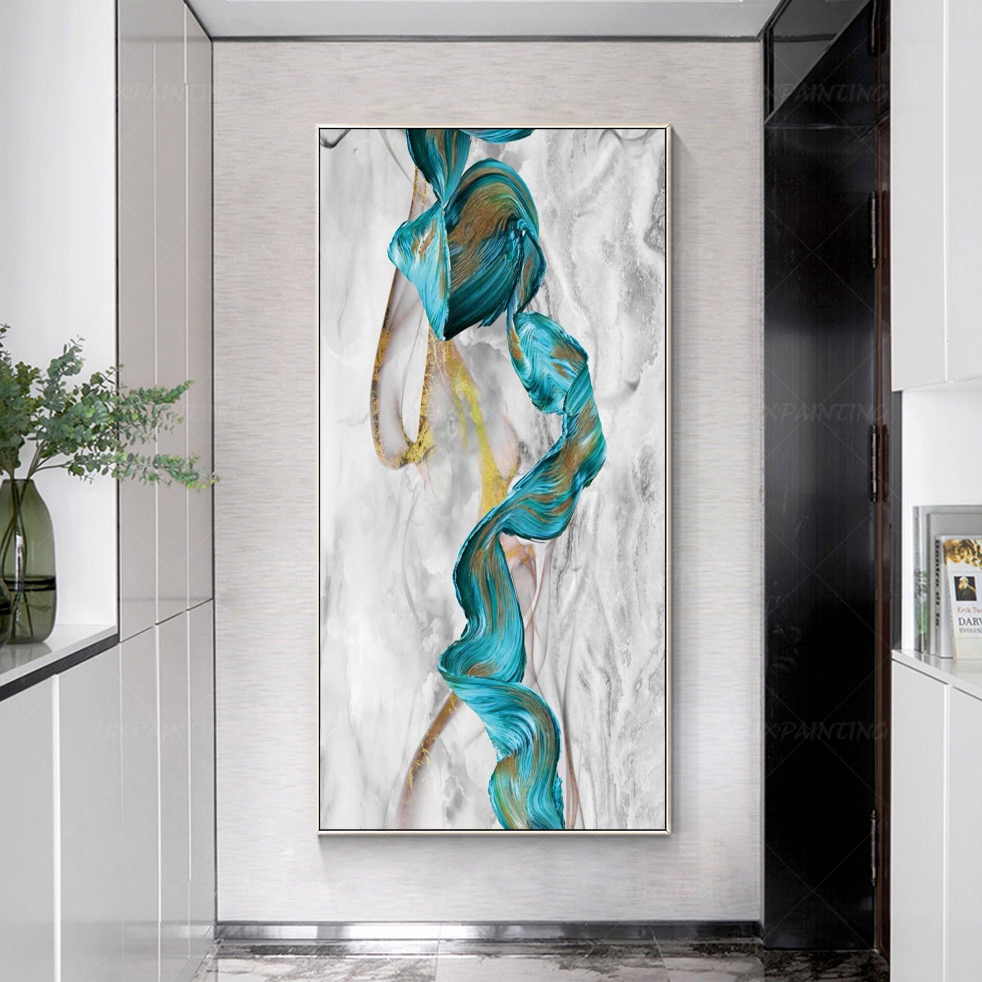 Teal Green Gold Marble Abstract Ribbon Framed Canvas Painting #3
