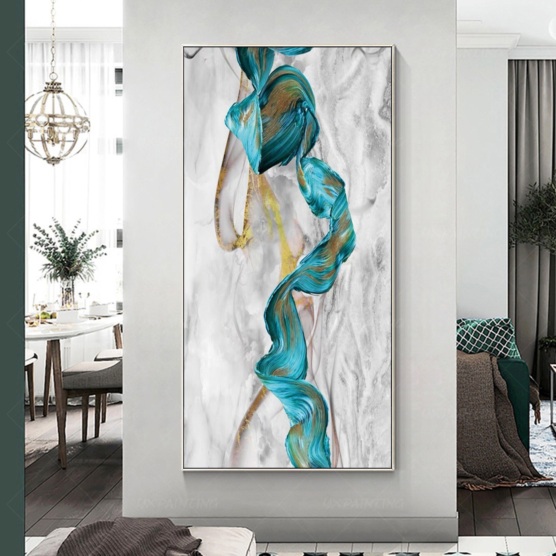 Teal Green Gold Marble Abstract Ribbon Framed Canvas Painting #4