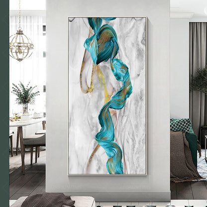 Teal Green Gold Marble Abstract Ribbon Framed Canvas Painting #4