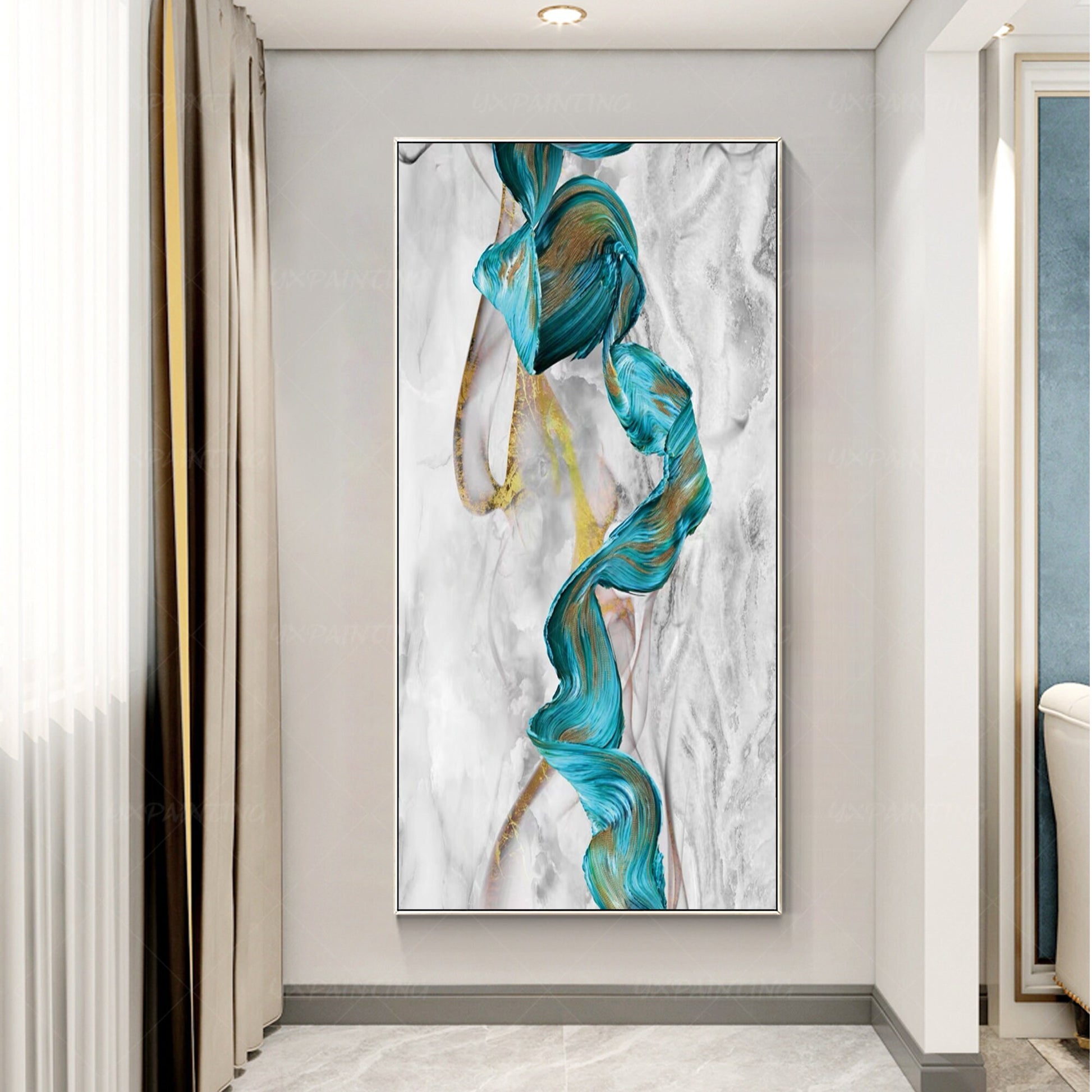 Teal Green Gold Marble Abstract Ribbon Framed Canvas Painting #5
