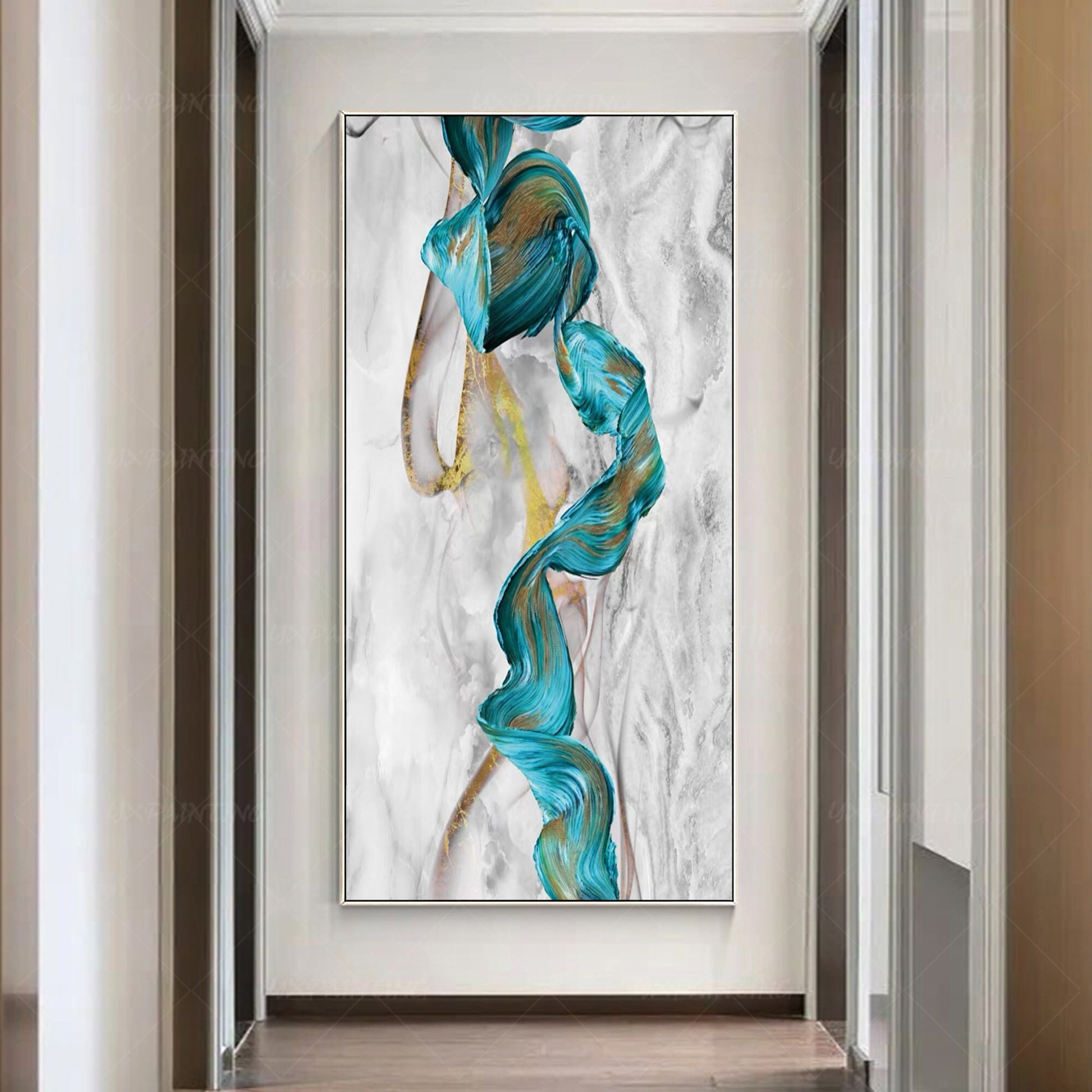 Teal Green Gold Marble Abstract Ribbon Framed Canvas Painting #6