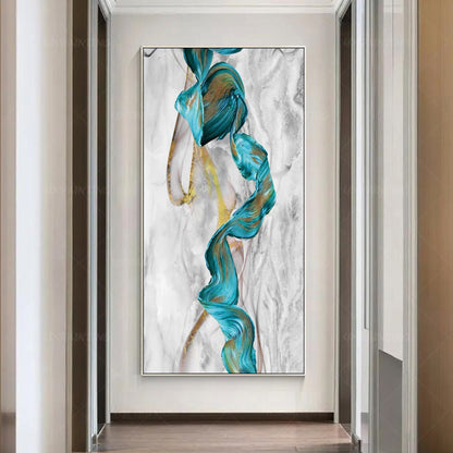 Teal Green Gold Marble Abstract Ribbon Framed Canvas Painting #6