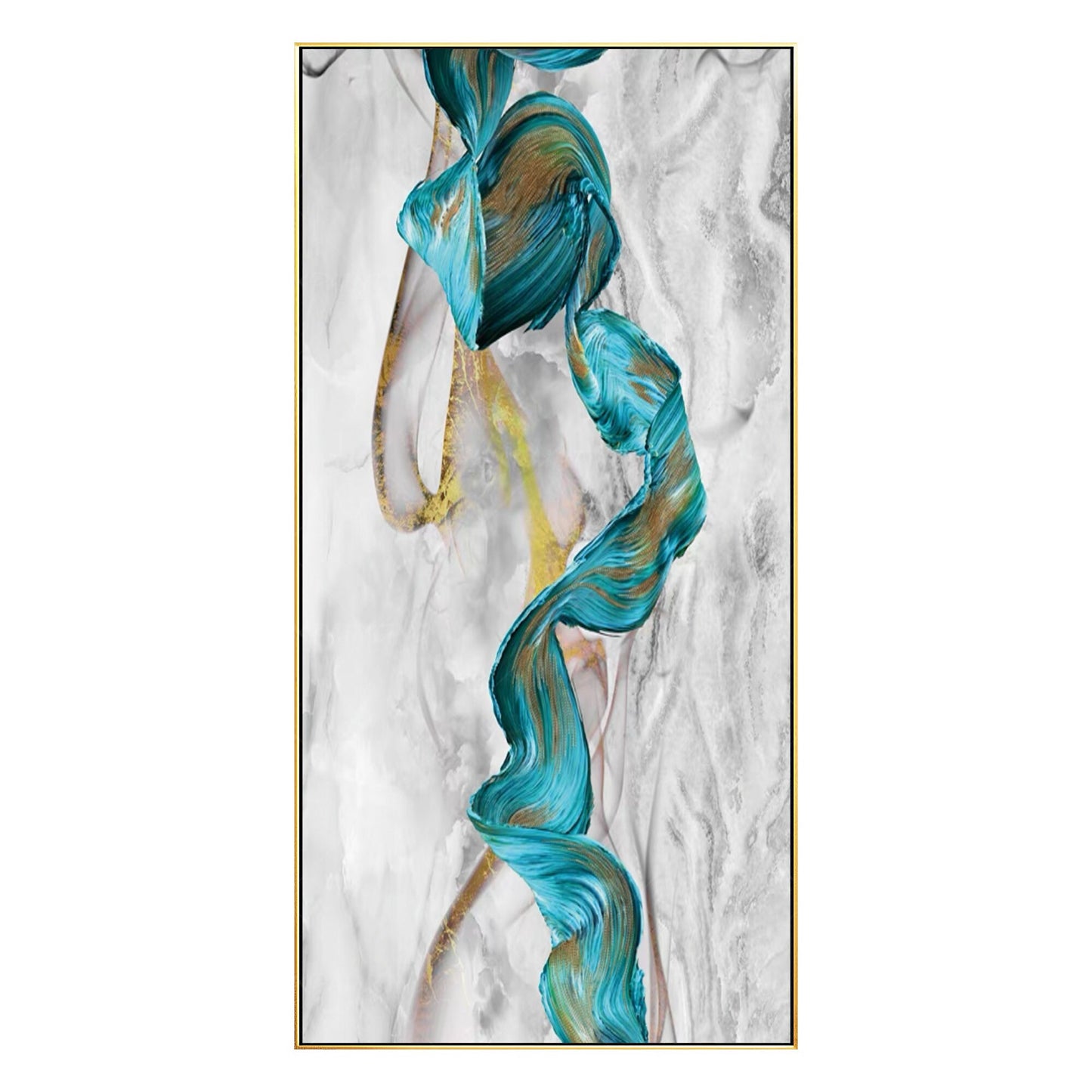 Teal Green Gold Marble Abstract Ribbon Framed Canvas Painting #7