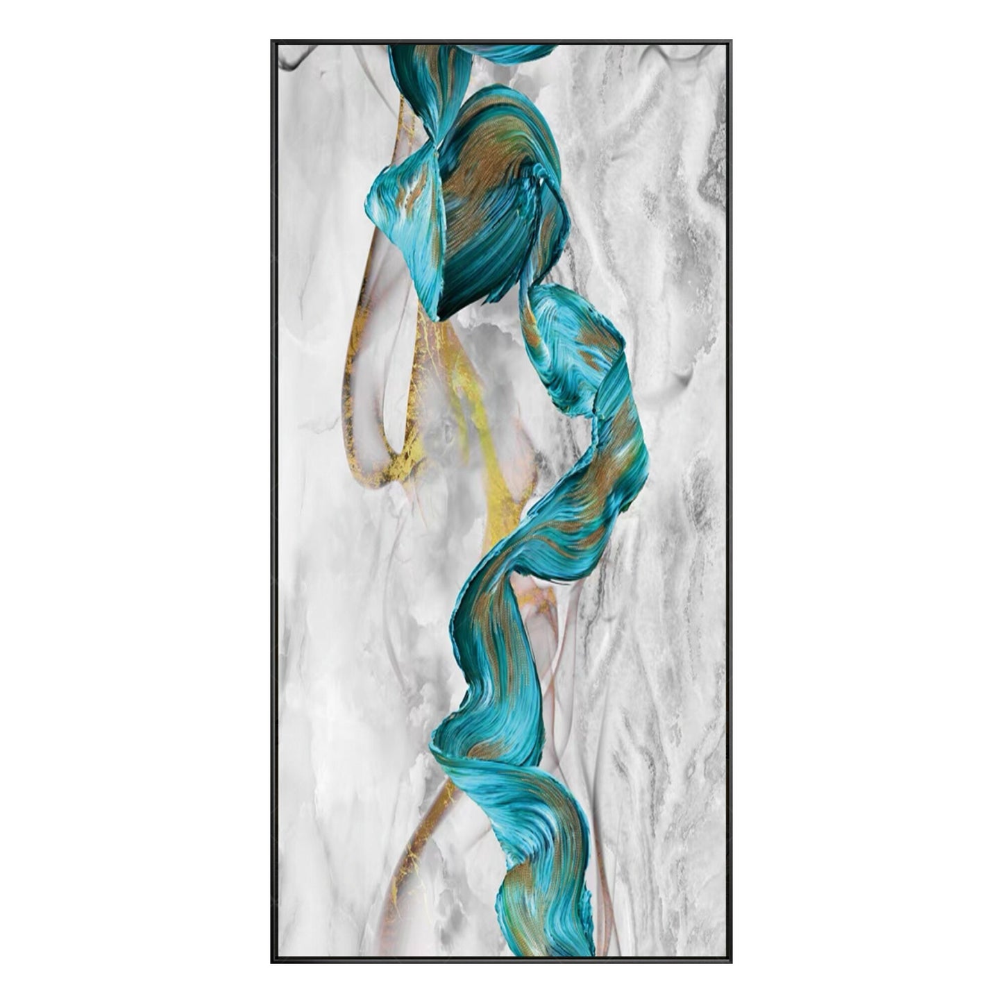 Teal Green Gold Marble Abstract Ribbon Framed Canvas Painting #9