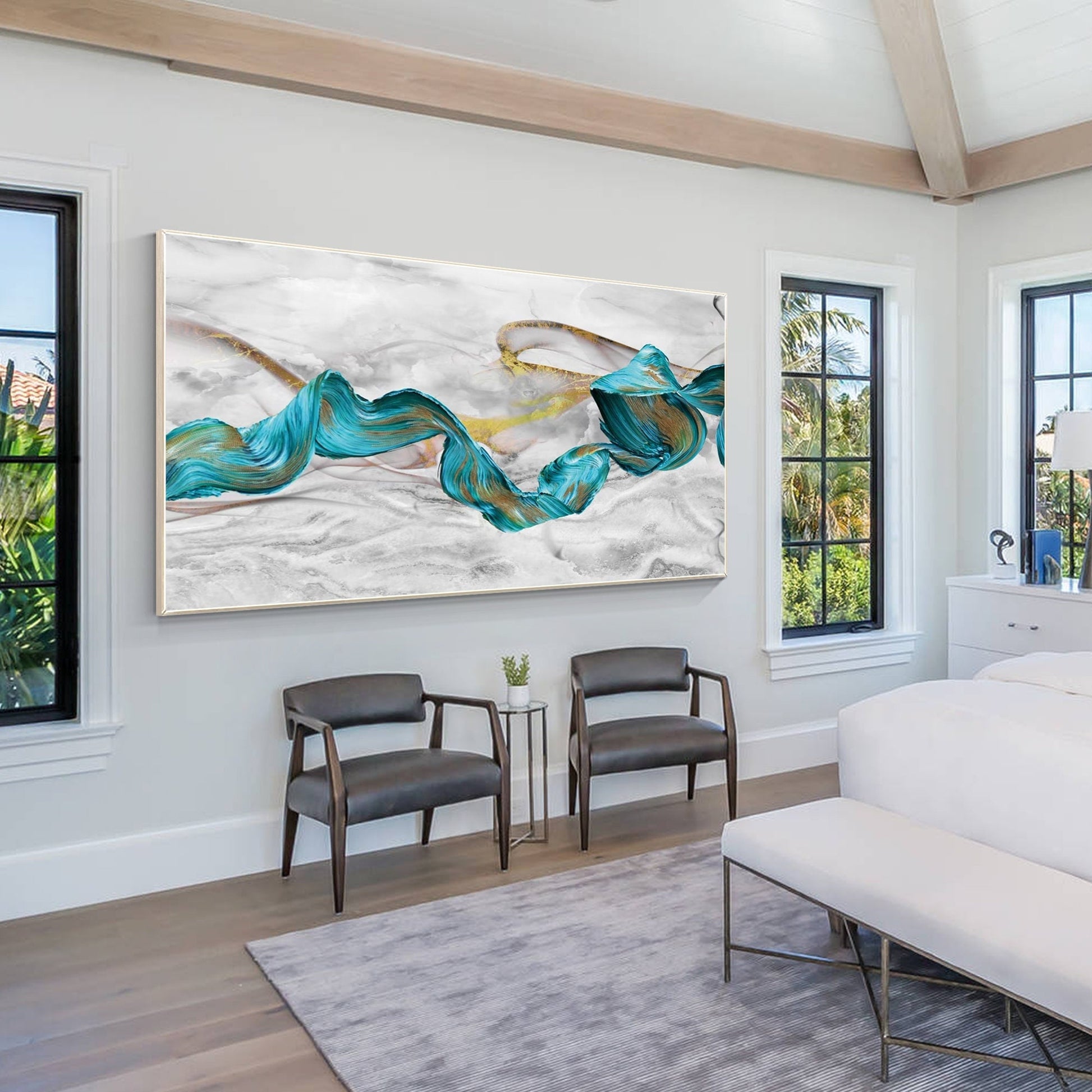 Teal Green Gold Marble Abstract Ribbon Framed Canvas Painting #1