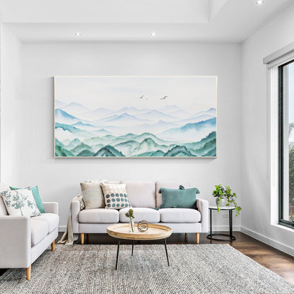 Teal Green Watercolor Mountain Landscape Painting: Extra Large Wall Art #2