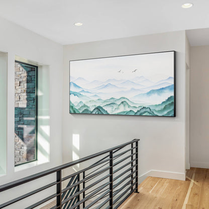 Teal Green Watercolor Mountain Landscape Painting: Extra Large Wall Art #5