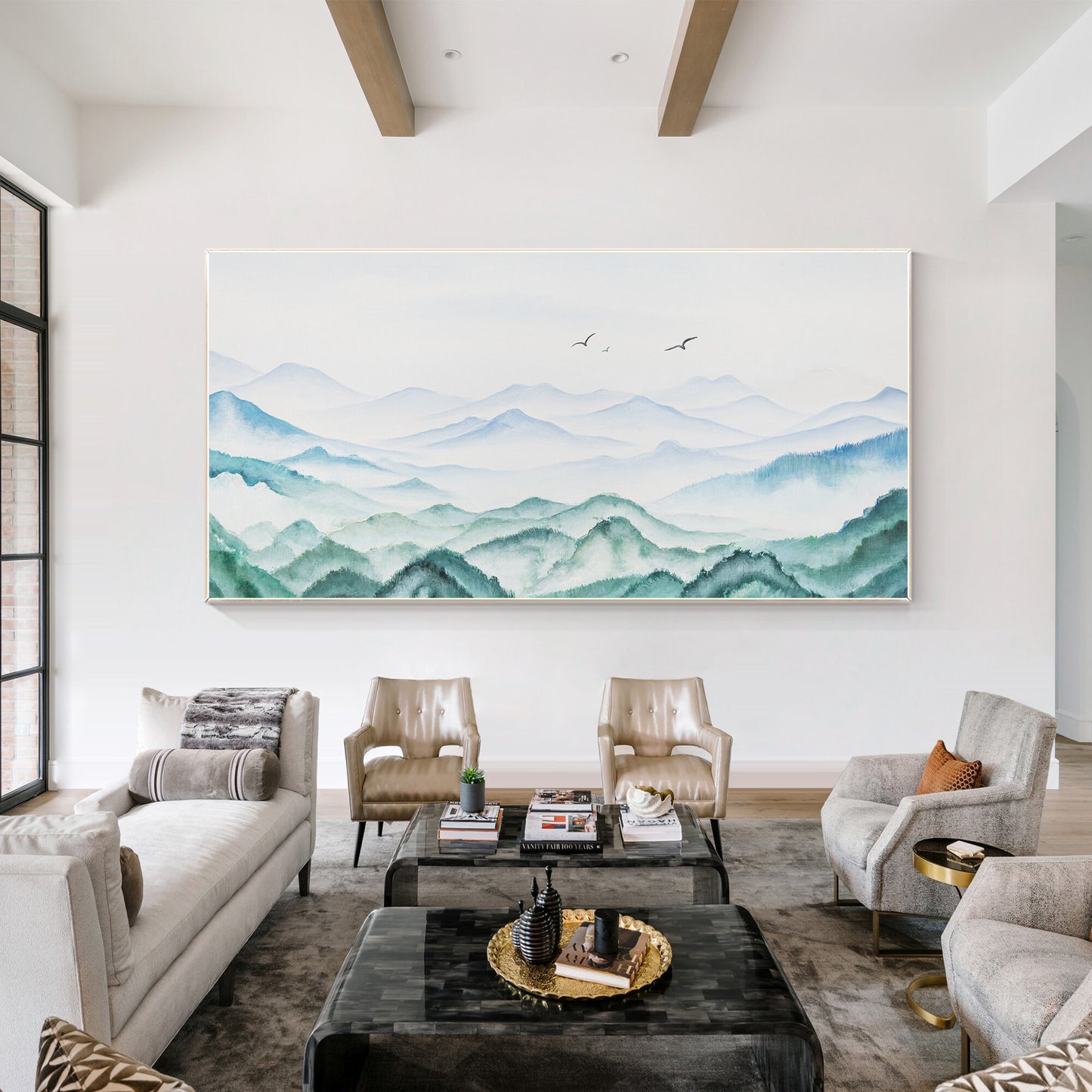 Teal Green Watercolor Mountain Landscape Painting: Extra Large Wall Art #6