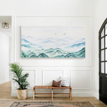 Teal Green Watercolor Mountain Landscape Painting: Extra Large Wall Art #1