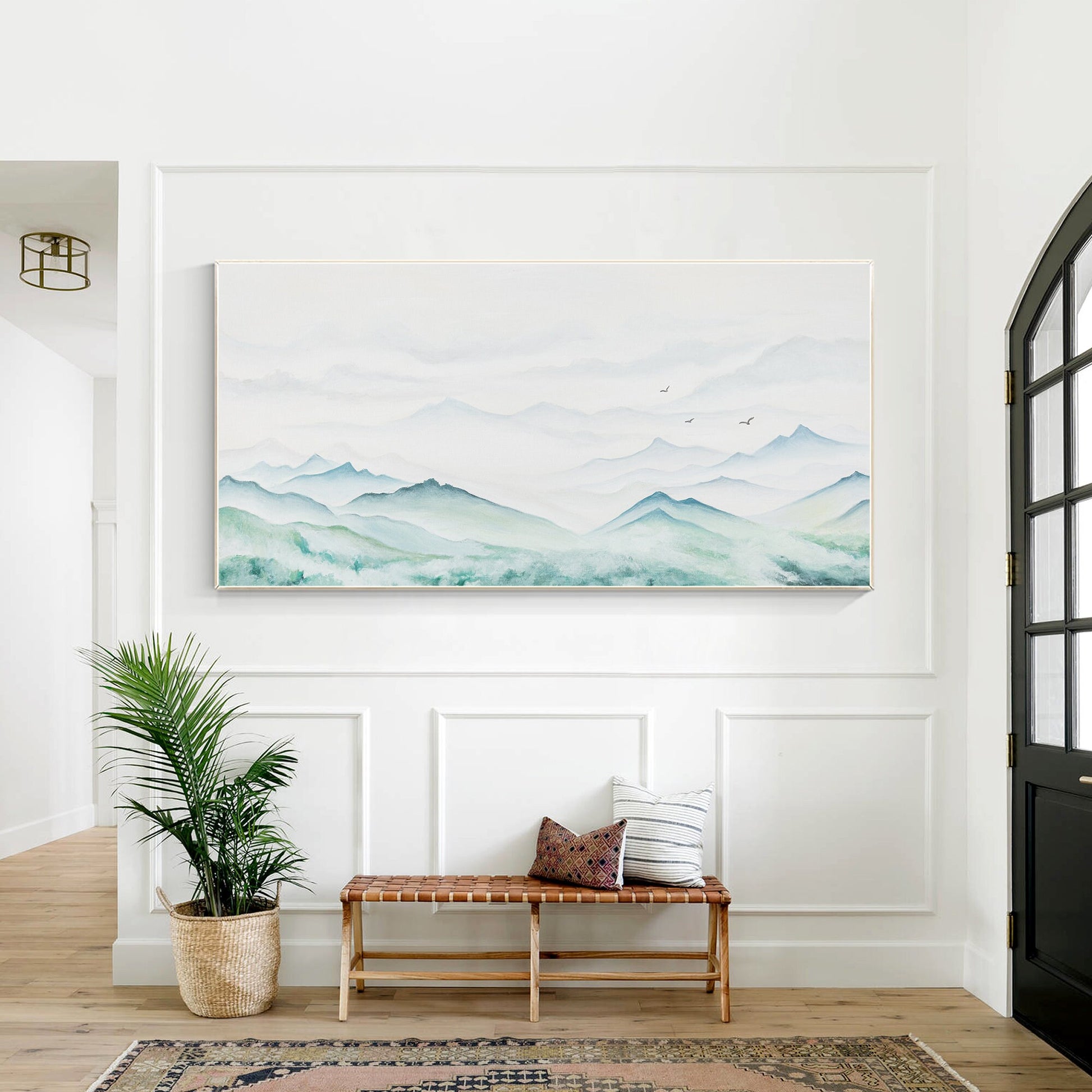 Teal Green Watercolor Mountain Painting: Original Canvas Wall Art #5