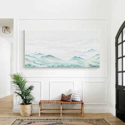 Teal Green Watercolor Mountain Painting: Original Canvas Wall Art #5