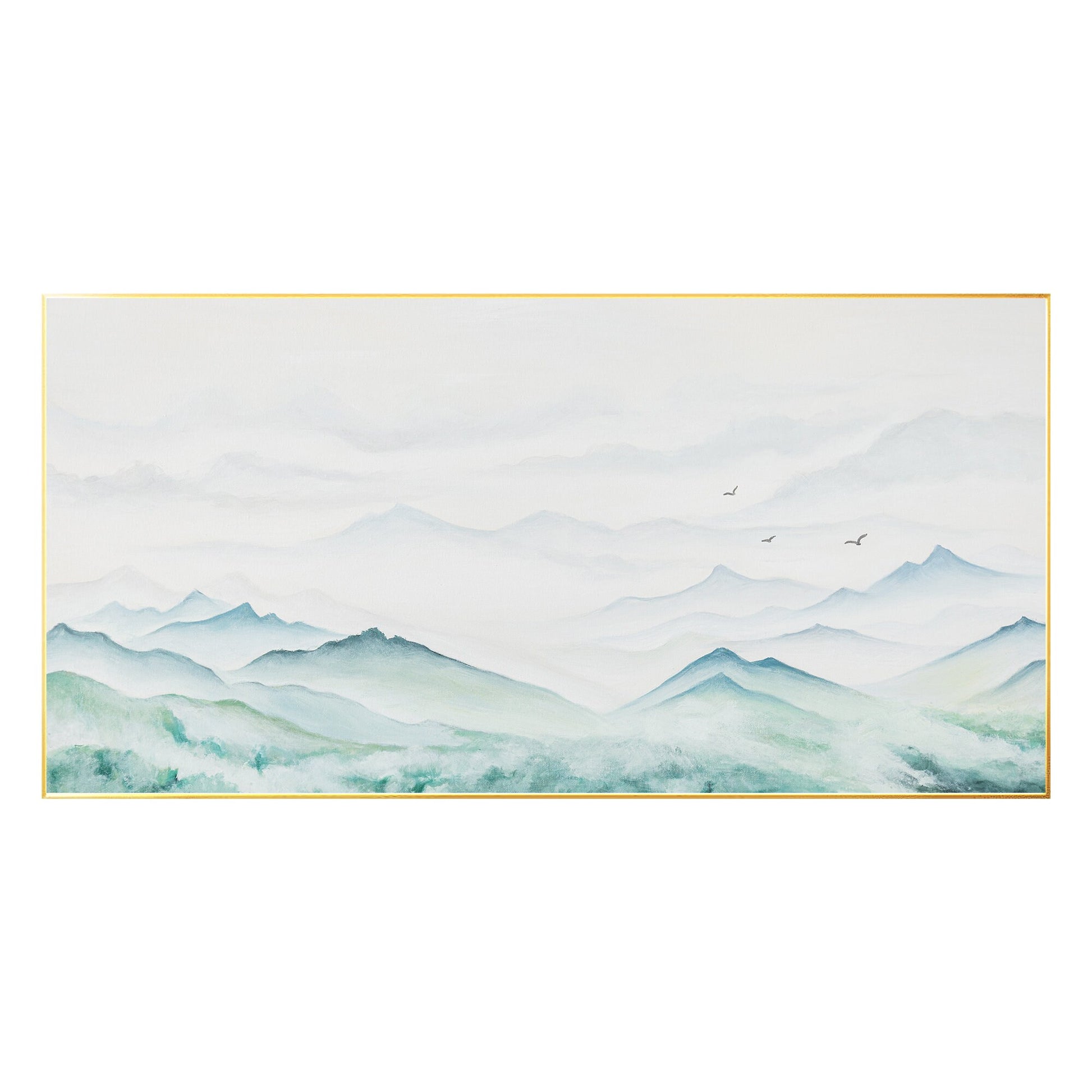 Teal Green Watercolor Mountain Painting: Original Canvas Wall Art #7