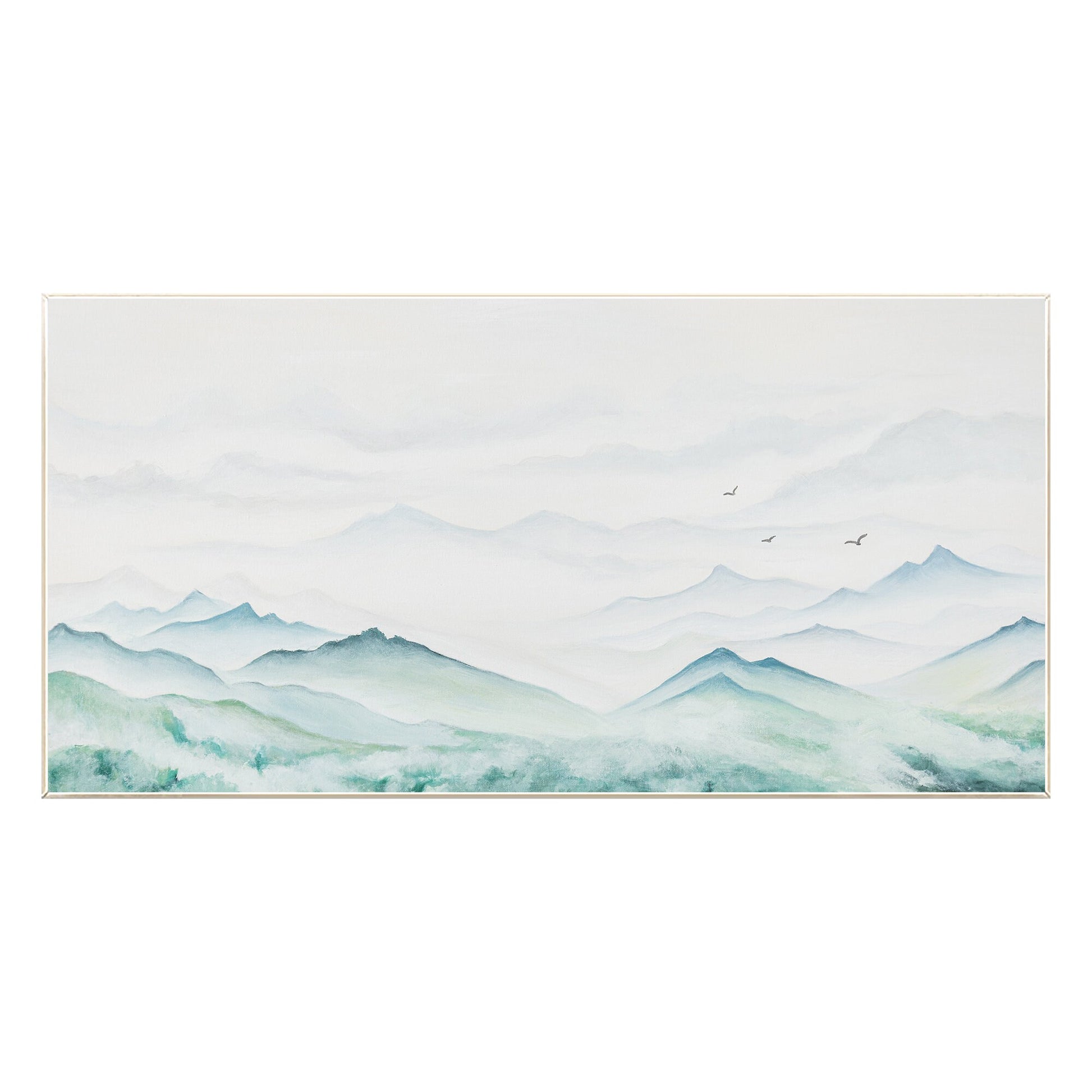 Teal Green Watercolor Mountain Painting: Original Canvas Wall Art #8