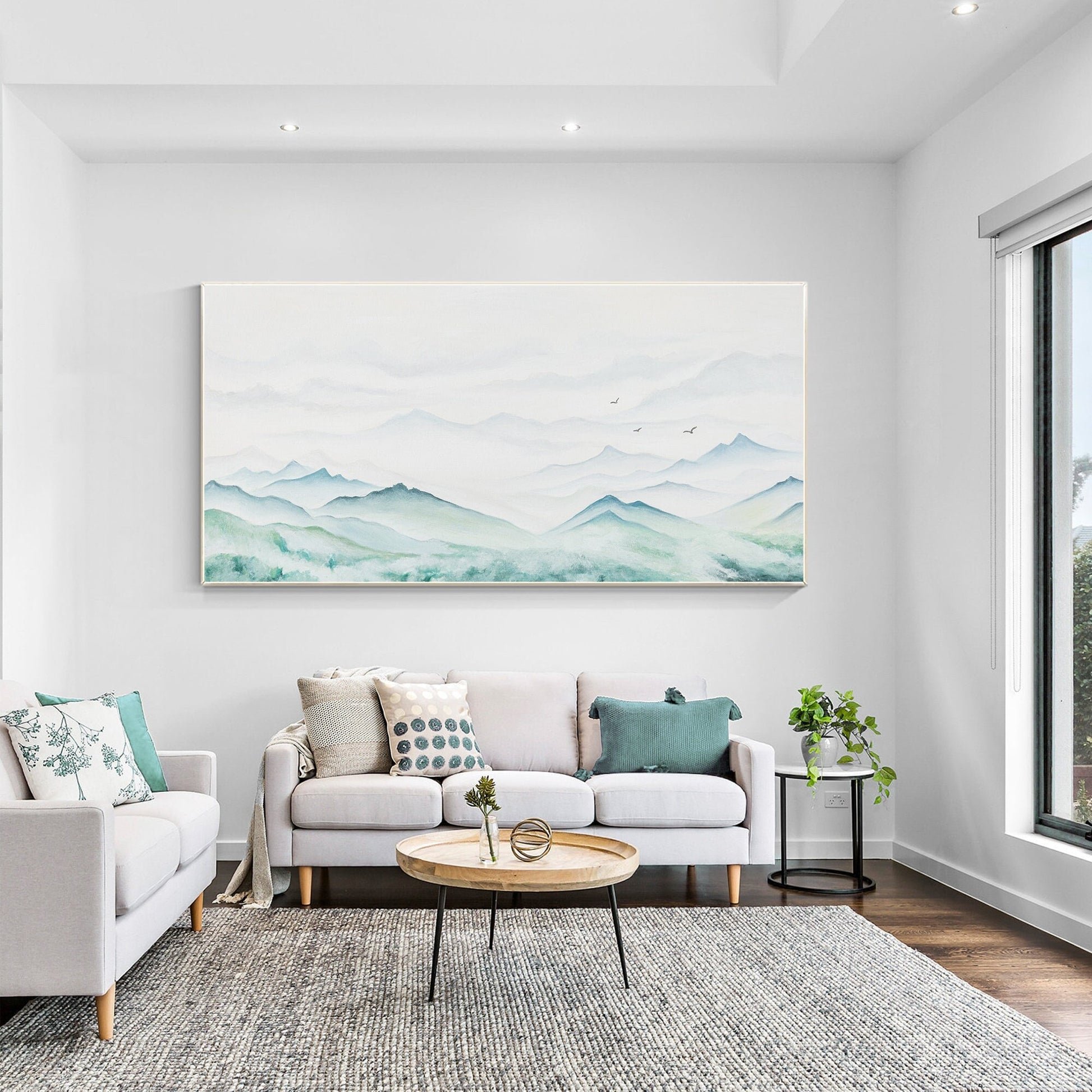 Teal Green Watercolor Mountain Painting: Original Canvas Wall Art #1