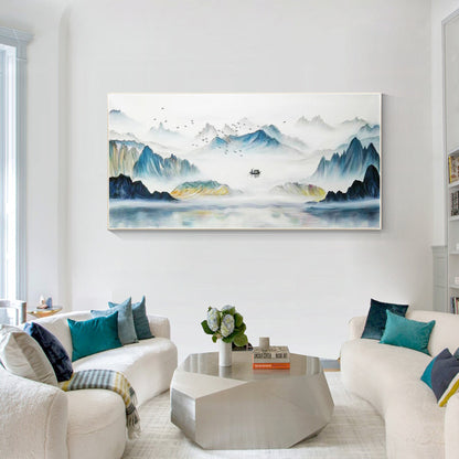 Teal Mountain Painting: Original Watercolor Landscape, Framed Canvas Wall Art #4