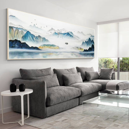 Teal Mountain Painting: Original Watercolor Landscape, Framed Canvas Wall Art #1