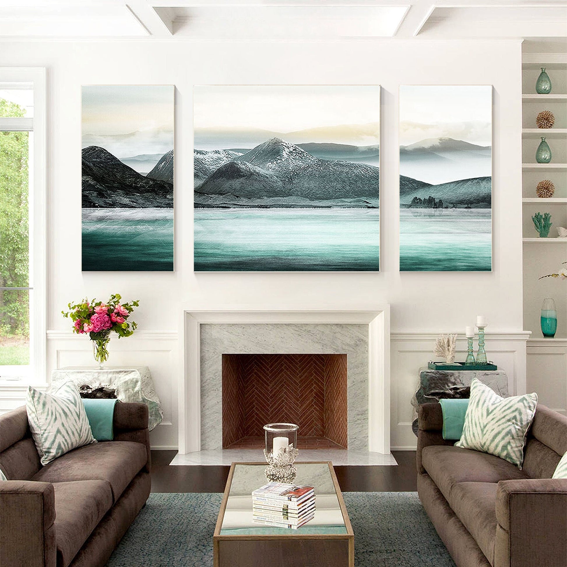 Teal Mountain Painting Set: Abstract Landscape Canvas Wall Art #1
