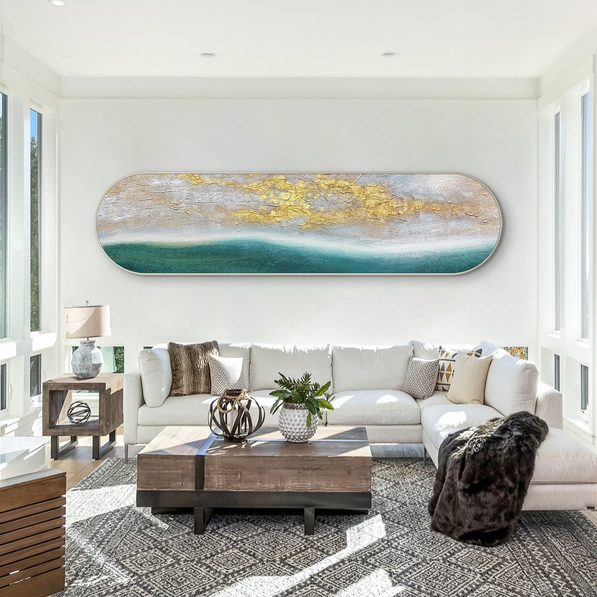 Teal Seascape Gold Sunrise Painting: Long Narrow Abstract Framed Wall Art #2