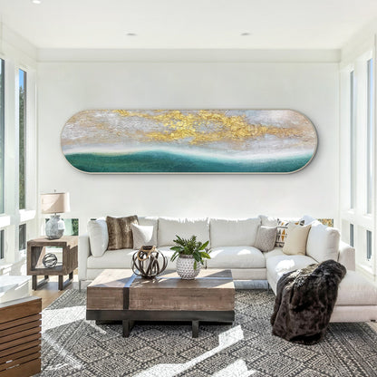 Teal Seascape Gold Sunrise Painting: Long Narrow Abstract Framed Wall Art #2