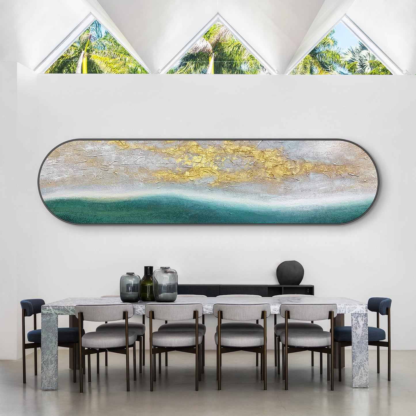 Teal Seascape Gold Sunrise Painting: Long Narrow Abstract Framed Wall Art #3