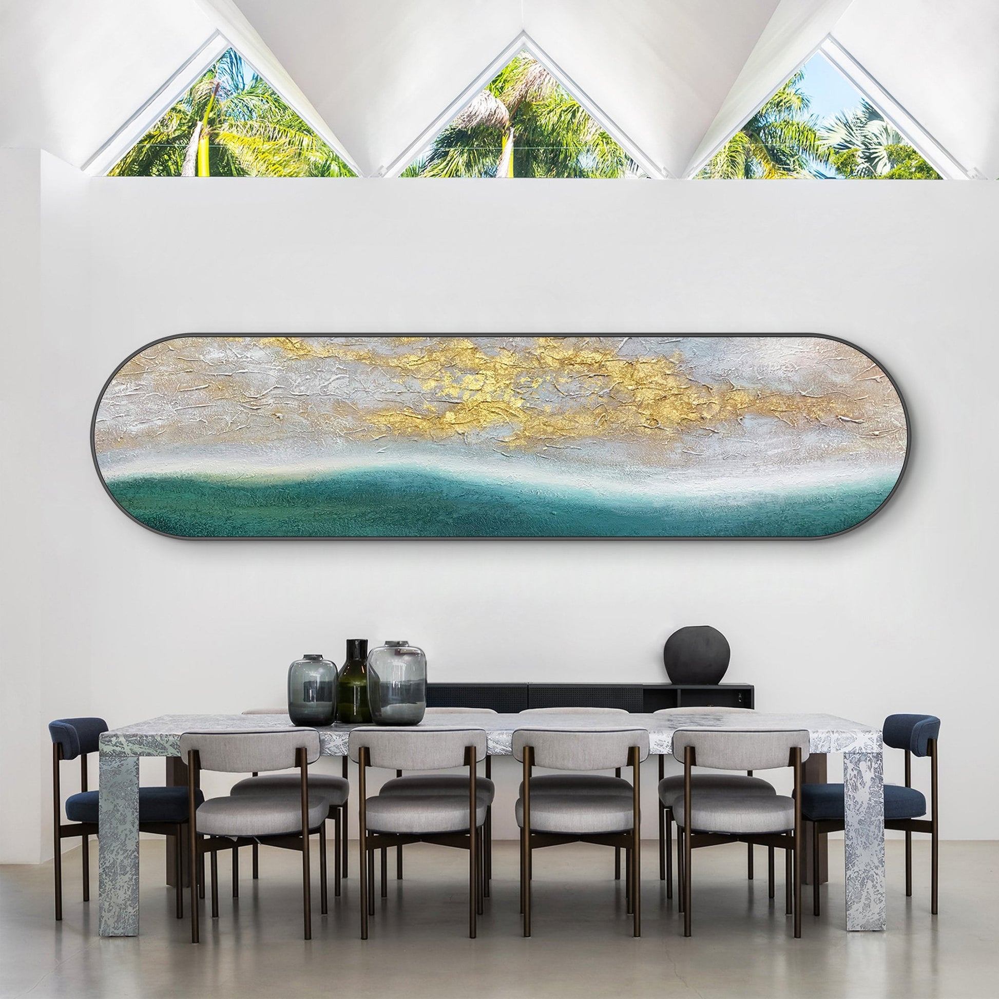 Teal Seascape Gold Sunrise Painting: Long Narrow Abstract Framed Wall Art #3