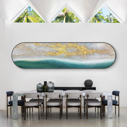 Teal Seascape Gold Sunrise Painting: Long Narrow Abstract Framed Wall Art #3