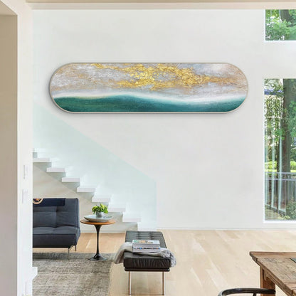 Teal Seascape Gold Sunrise Painting: Long Narrow Abstract Framed Wall Art #4