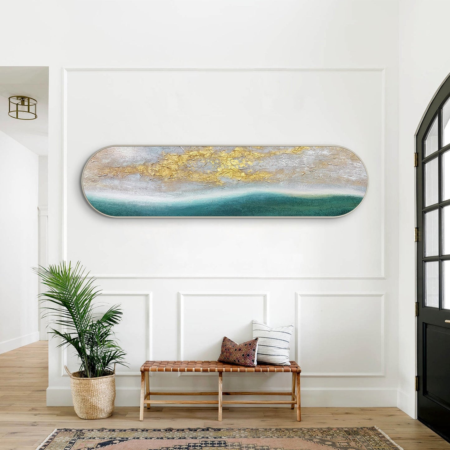 Teal Seascape Gold Sunrise Painting: Long Narrow Abstract Framed Wall Art #5