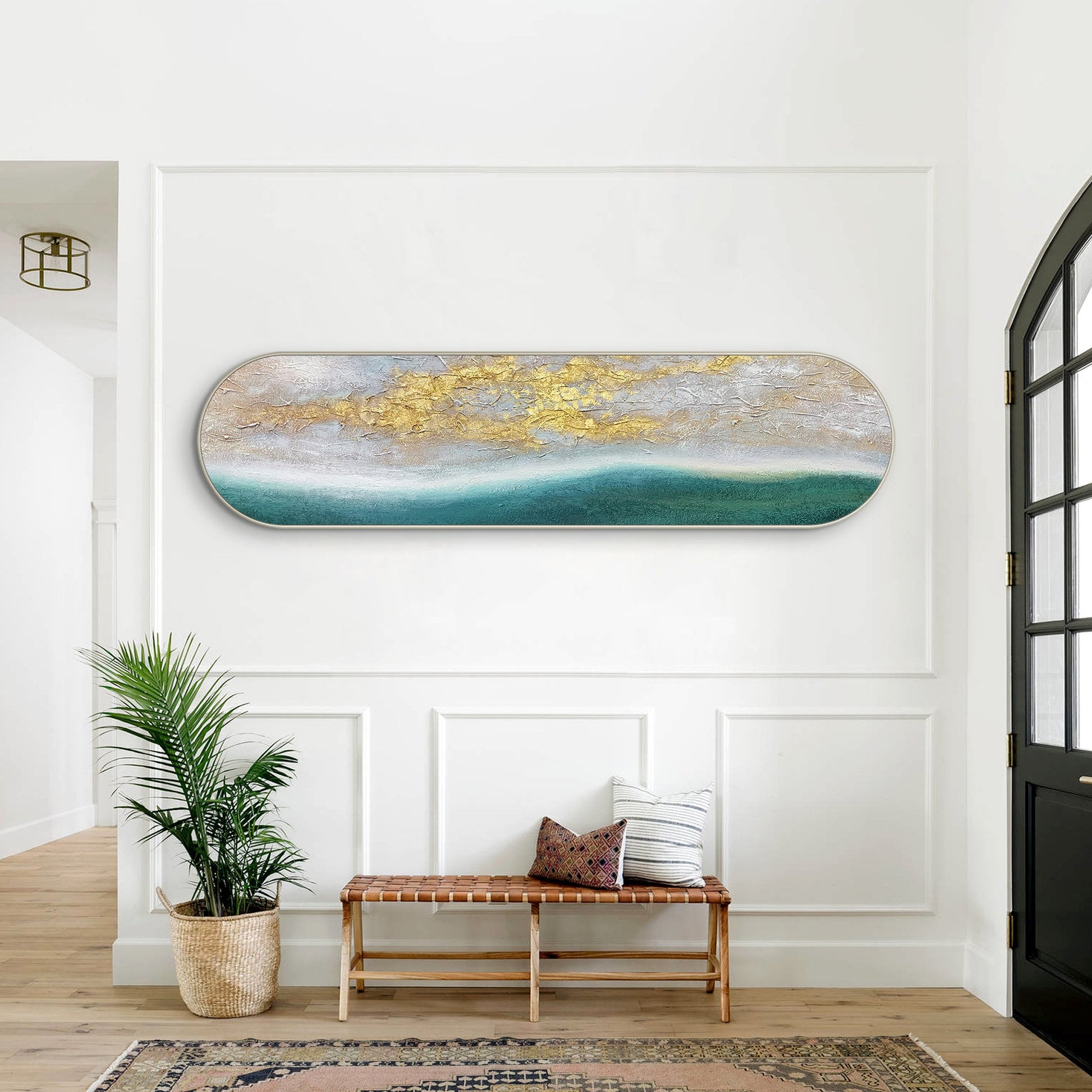 Teal Seascape Gold Sunrise Painting: Long Narrow Abstract Framed Wall Art #5