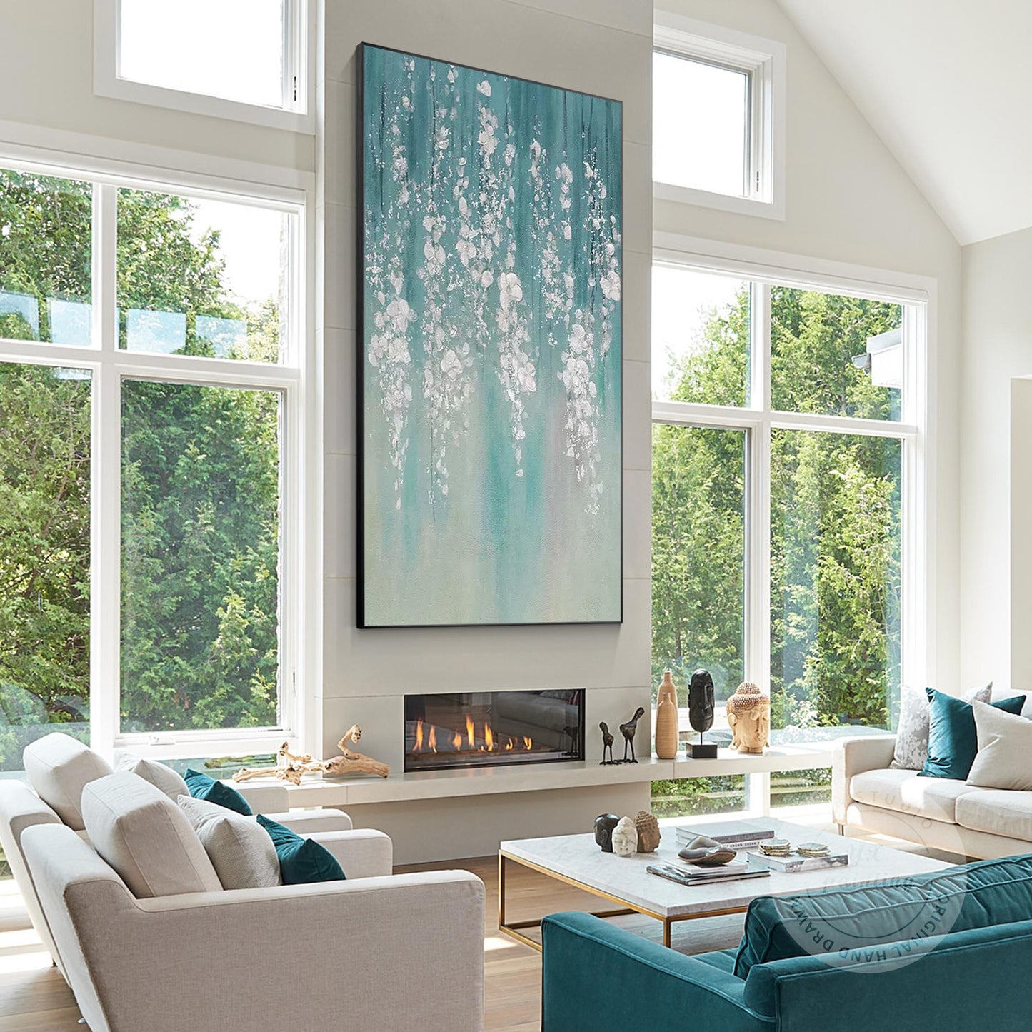 Teal Silver Leaf Abstract Floral Painting: 3D Textured Extra Large Wall Art #2