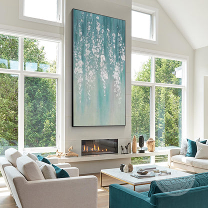 Teal Silver Leaf Abstract Floral Painting: 3D Textured Extra Large Wall Art #2