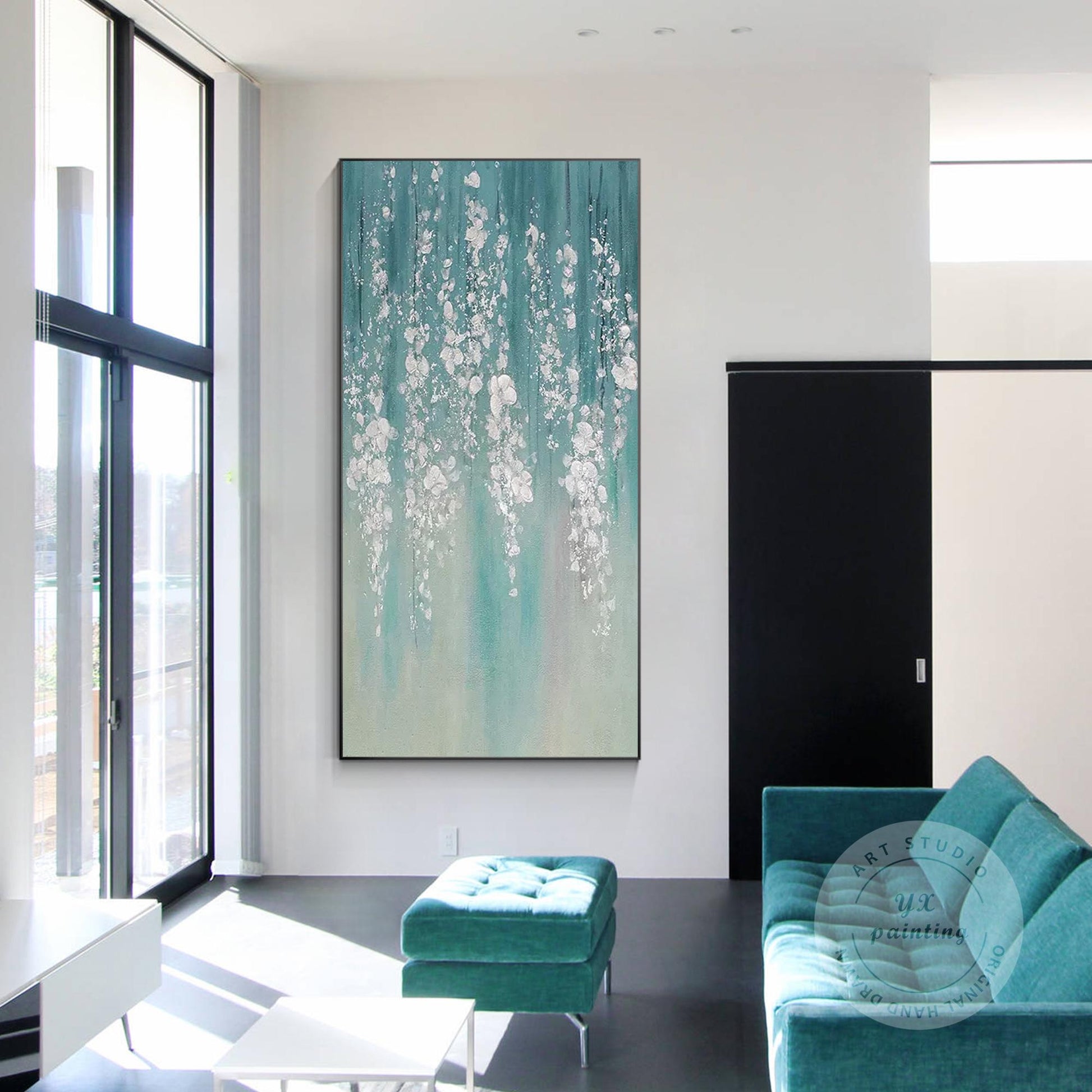 Teal Silver Leaf Abstract Floral Painting: 3D Textured Extra Large Wall Art #3