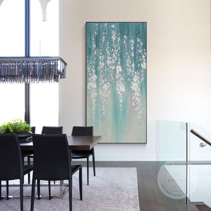 Teal Silver Leaf Abstract Floral Painting: 3D Textured Extra Large Wall Art #4