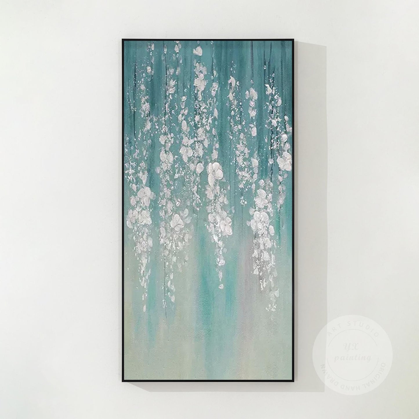 Teal Silver Leaf Abstract Floral Painting: 3D Textured Extra Large Wall Art #7