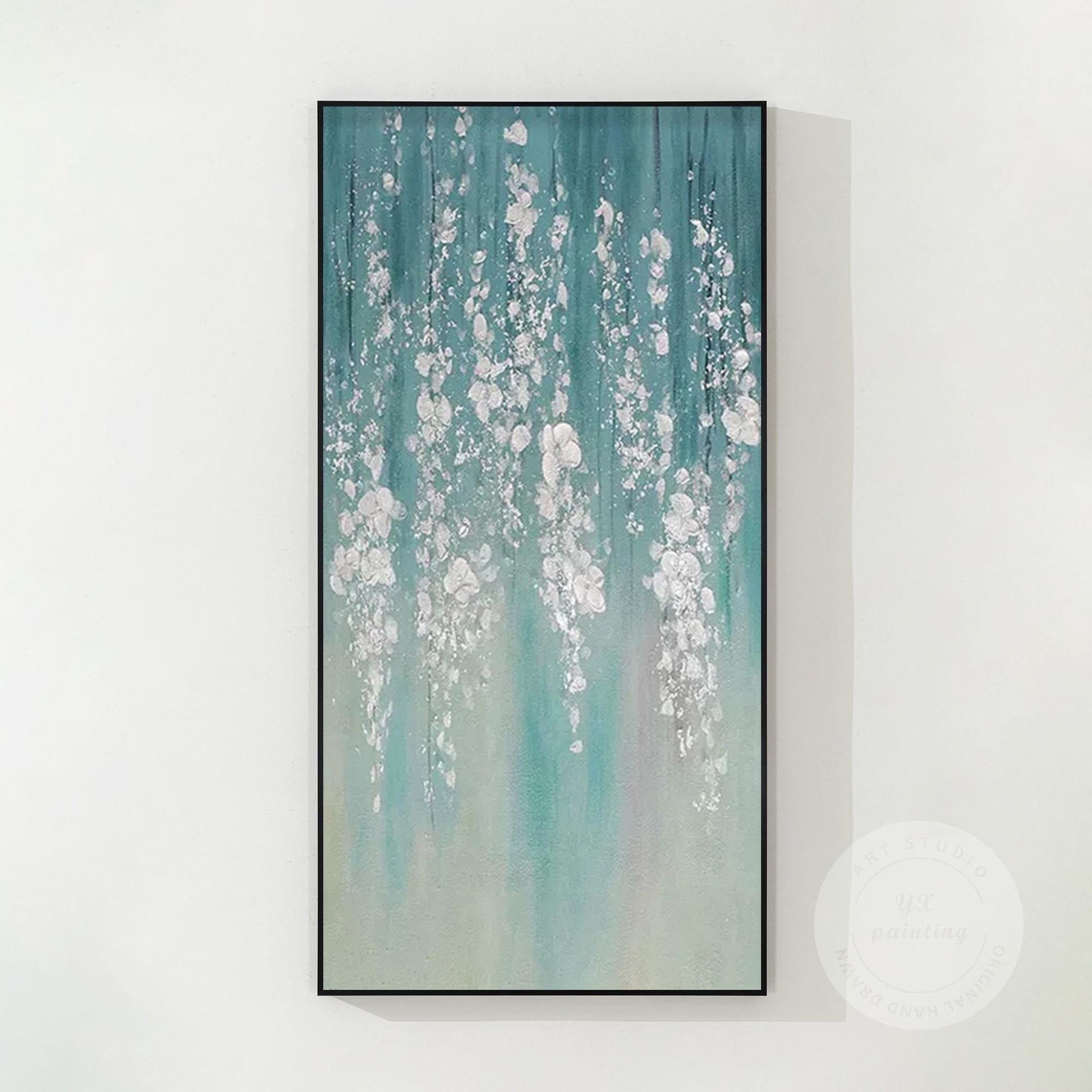 Teal Silver Leaf Abstract Floral Painting: 3D Textured Extra Large Wall Art #7
