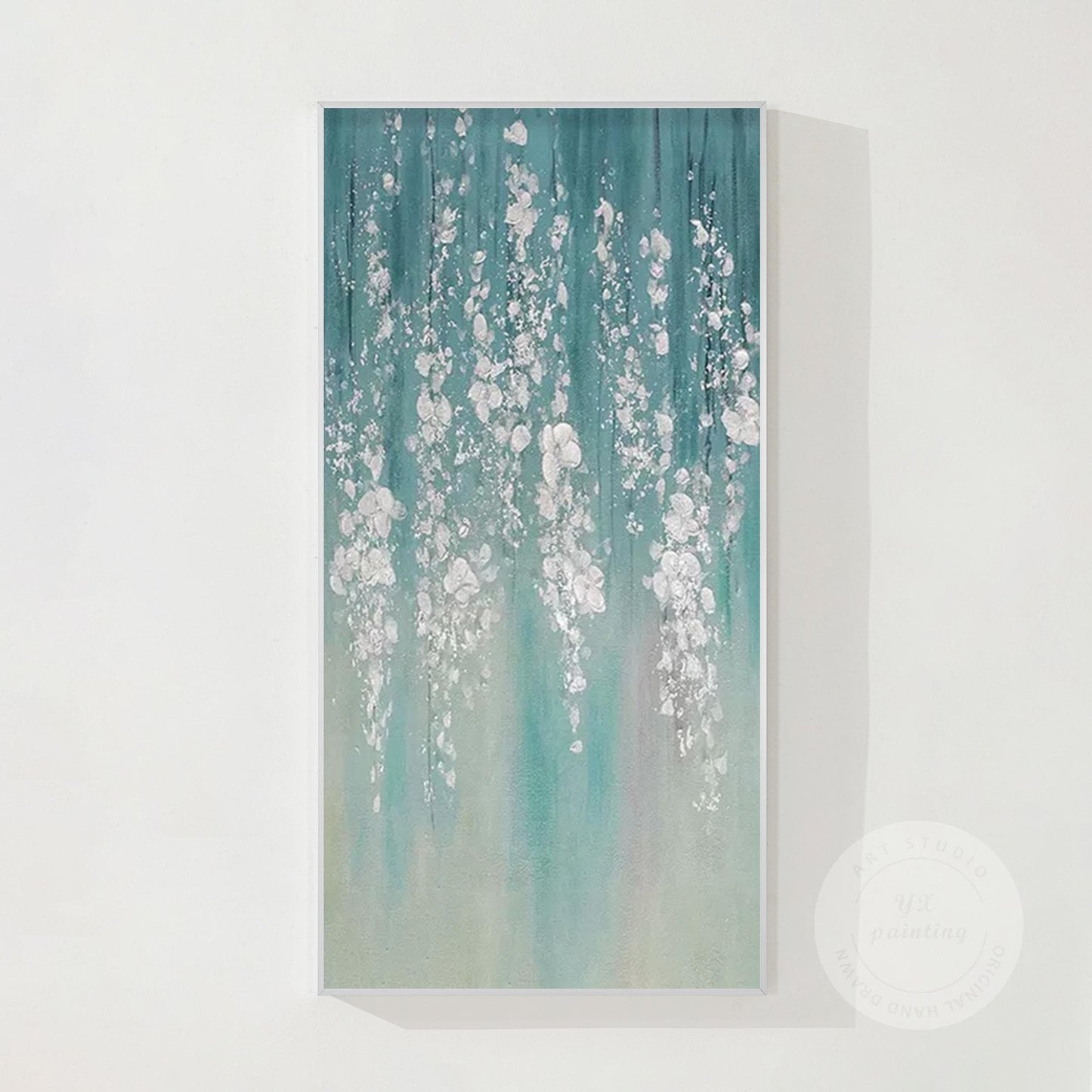 Teal Silver Leaf Abstract Floral Painting: 3D Textured Extra Large Wall Art #8