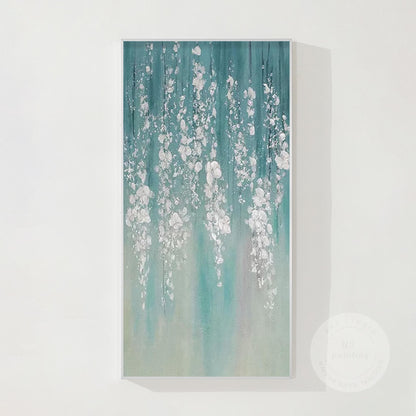 Teal Silver Leaf Abstract Floral Painting: 3D Textured Extra Large Wall Art #8