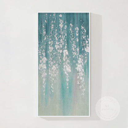 Teal Silver Leaf Abstract Floral Painting: 3D Textured Extra Large Wall Art #10