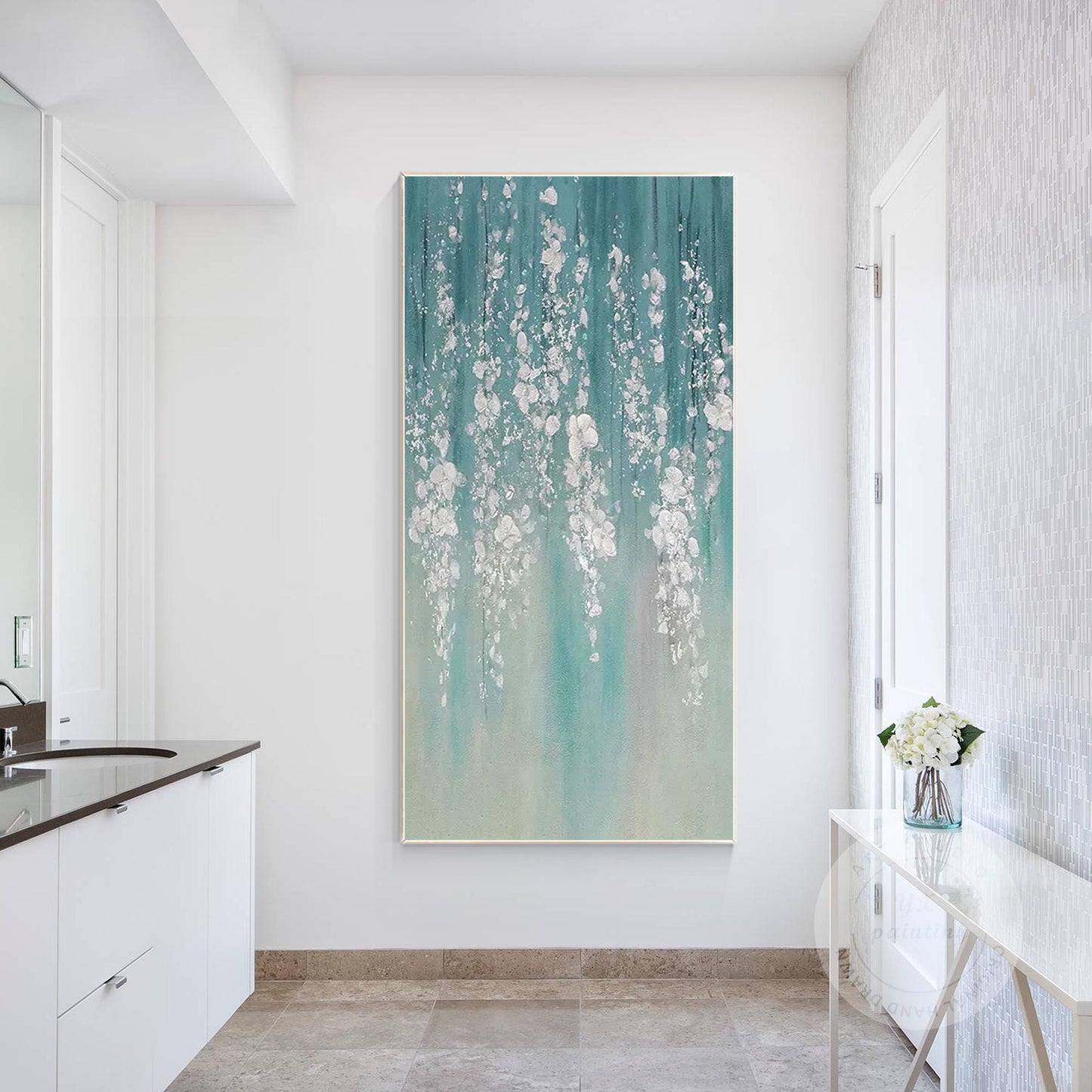 Teal Silver Leaf Abstract Floral Painting: 3D Textured Extra Large Wall Art #1